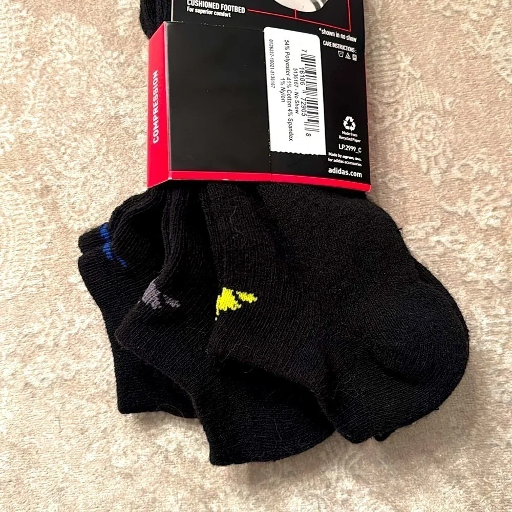 Brand New Adidas 3-Pack Youth Cushioned Climalite No Show Black Socks